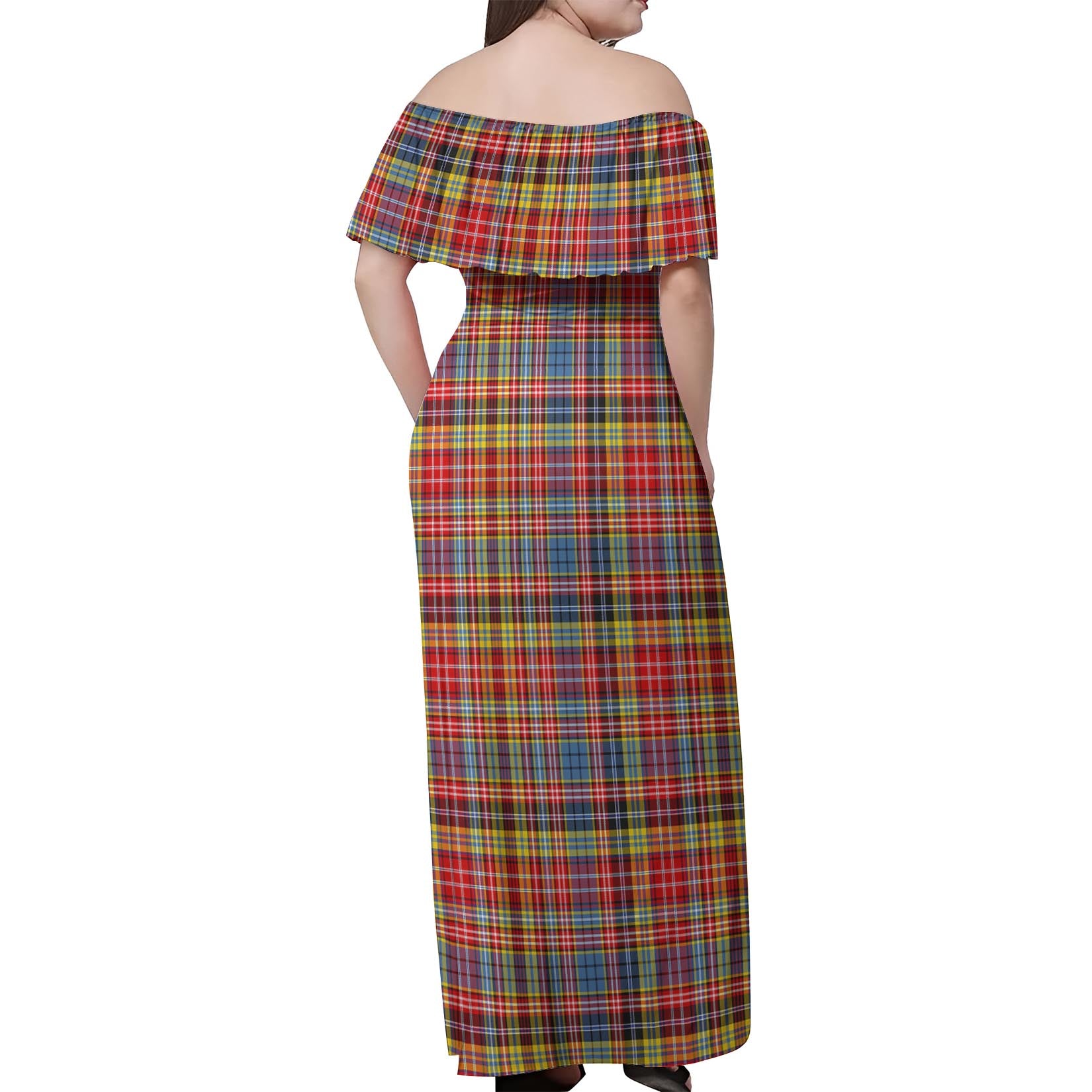 Drummond of Strathallan Modern Tartan Off Shoulder Long Dress - Tartanvibesclothing