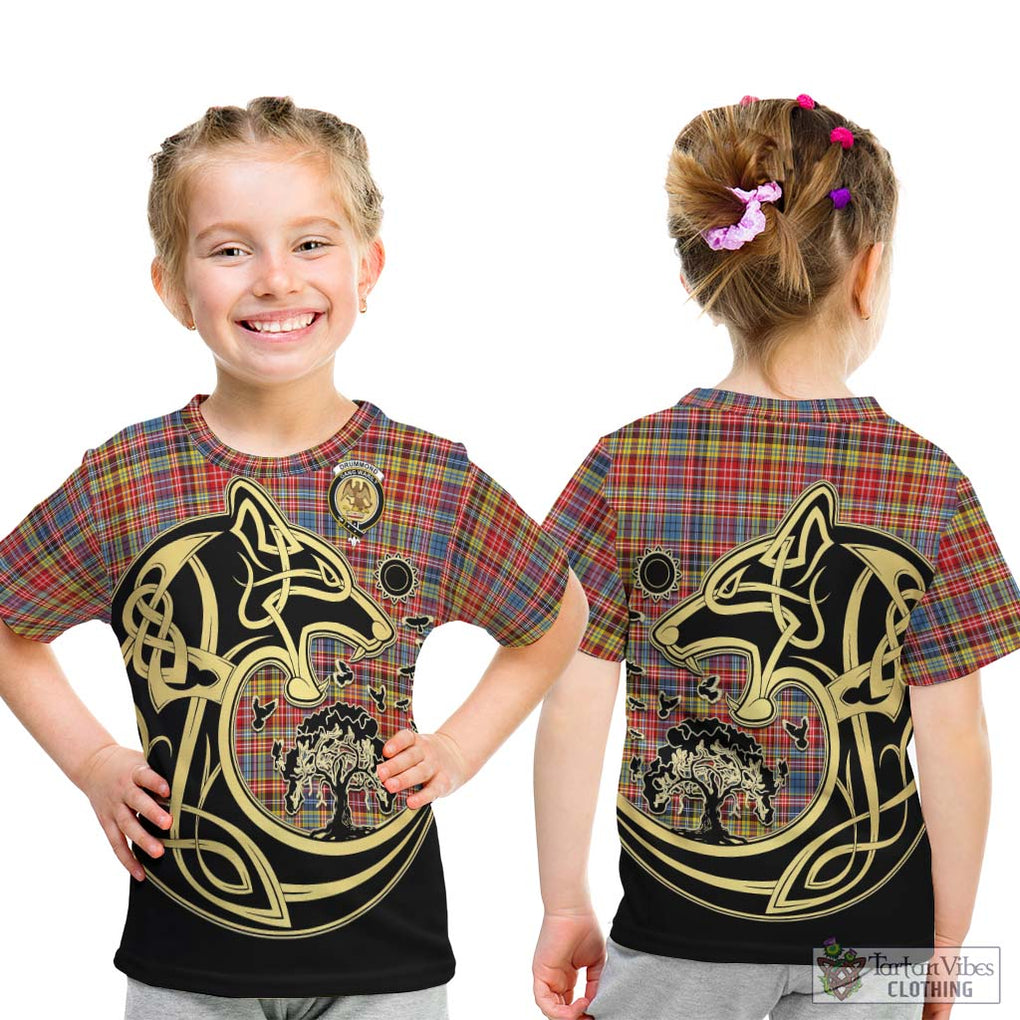 Drummond of Strathallan Modern Tartan Kid T-Shirt with Family Crest Celtic Wolf Style - Tartan Vibes Clothing