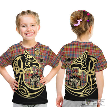 Drummond of Strathallan Modern Tartan Kid T-Shirt with Family Crest Celtic Wolf Style