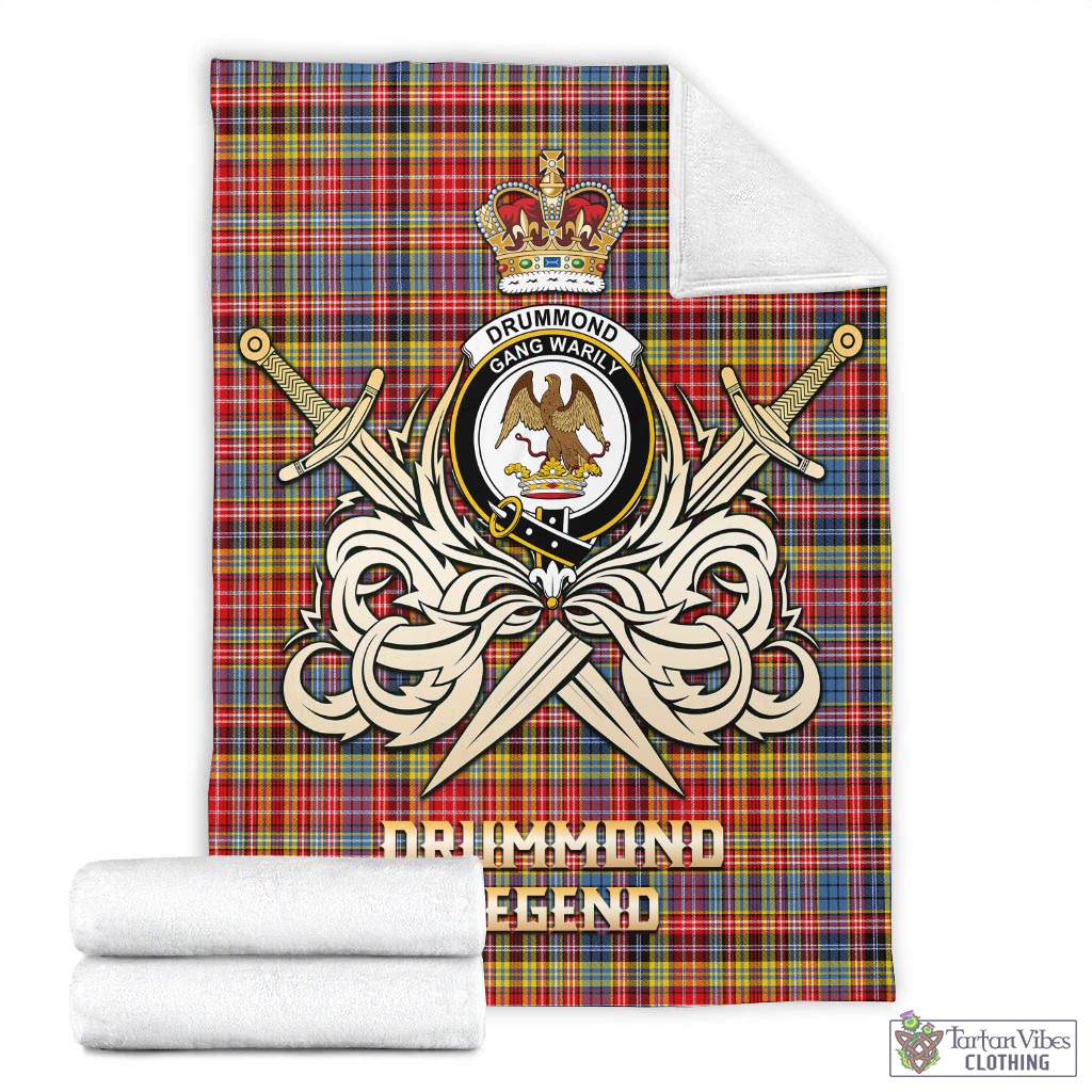 Tartan Vibes Clothing Drummond of Strathallan Modern Tartan Blanket with Clan Crest and the Golden Sword of Courageous Legacy