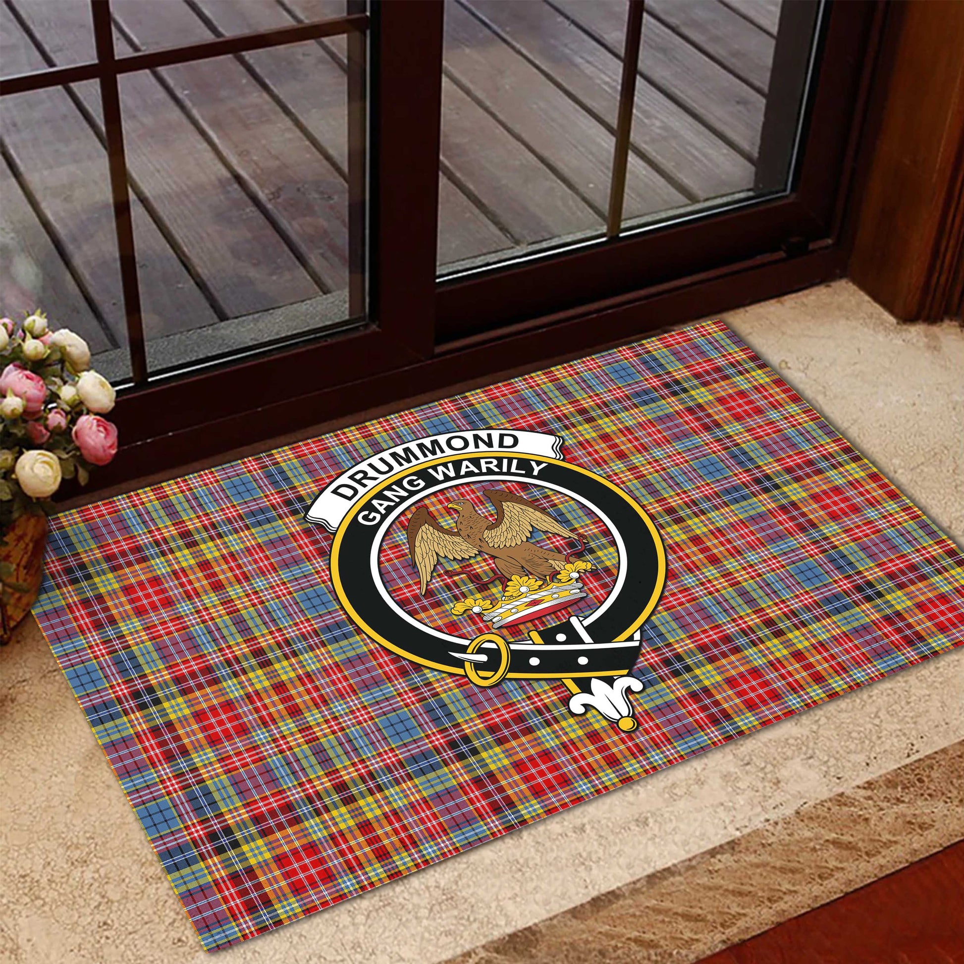 Drummond of Strathallan Modern Tartan Door Mat with Family Crest - Tartanvibesclothing