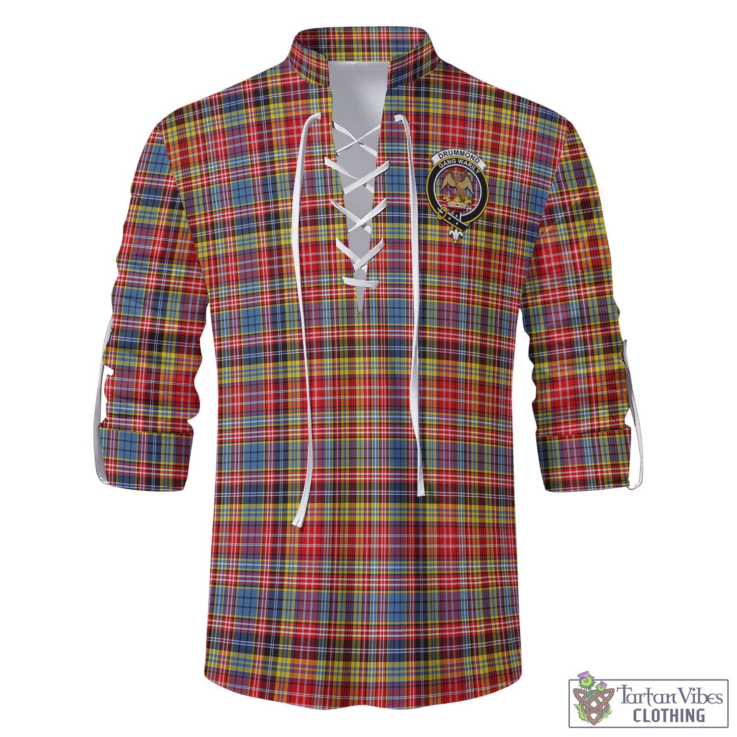 Tartan Vibes Clothing Drummond of Strathallan Modern Tartan Men's Scottish Traditional Jacobite Ghillie Kilt Shirt with Family Crest