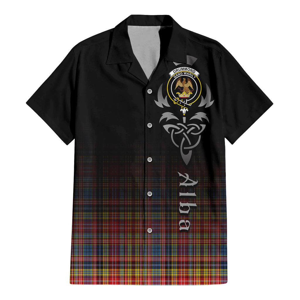 Tartan Vibes Clothing Drummond of Strathallan Modern Tartan Short Sleeve Button Up Featuring Alba Gu Brath Family Crest Celtic Inspired