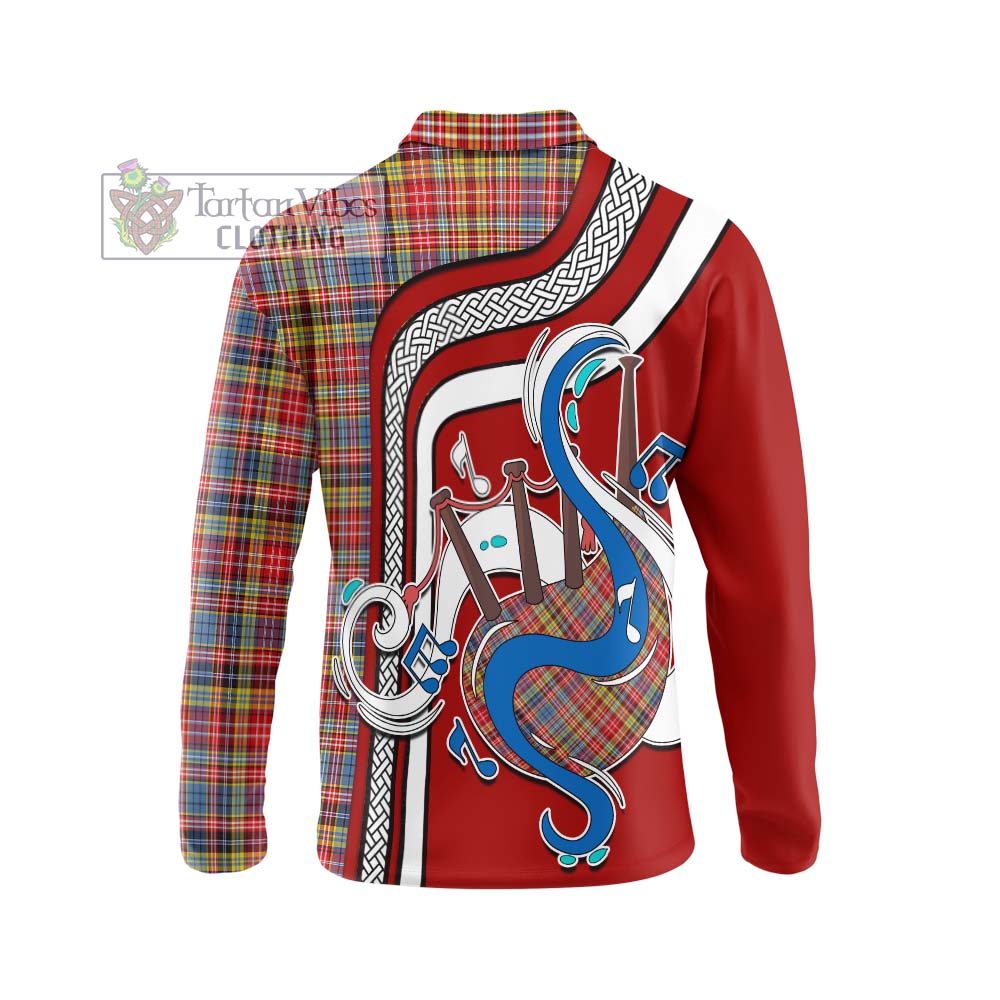 Tartan Vibes Clothing Drummond of Strathallan Modern Tartan Long Sleeve Polo Shirt with Epic Bagpipe Style