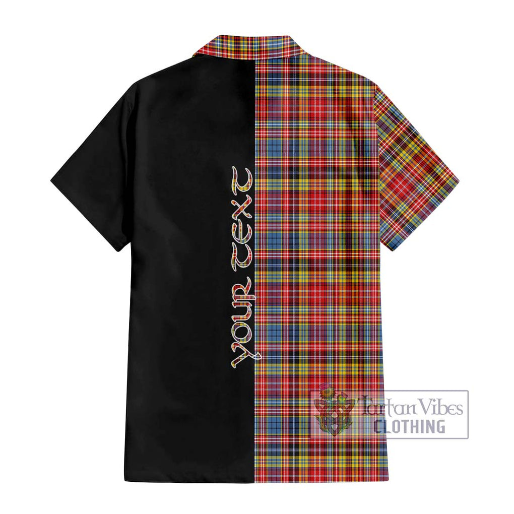 Drummond of Strathallan Modern Tartan Short Sleeve Button Shirt with Family Crest and Half Of Me Style - Tartanvibesclothing Shop