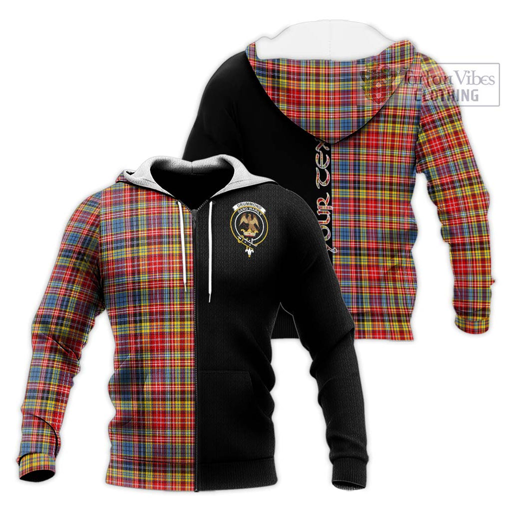 Drummond of Strathallan Modern Tartan Knitted Hoodie with Family Crest and Half Of Me Style Unisex Knitted Zip Hoodie - Tartanvibesclothing Shop