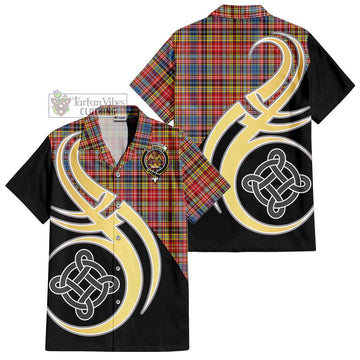 Drummond of Strathallan Modern Tartan Short Sleeve Button Shirt with Family Crest and Celtic Symbol Style