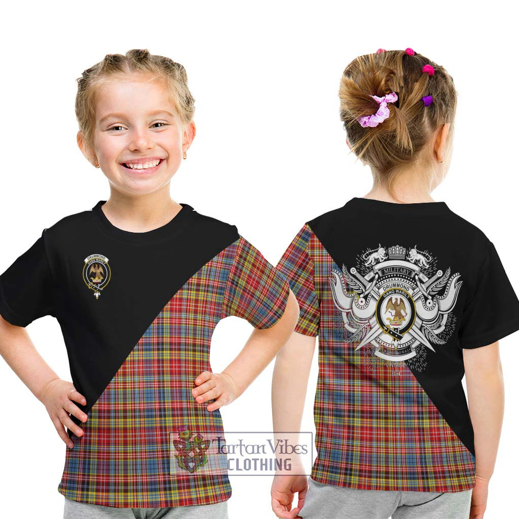 Drummond of Strathallan Modern Tartan Kid T-Shirt with Family Crest and Military Logo Style - Tartanvibesclothing Shop