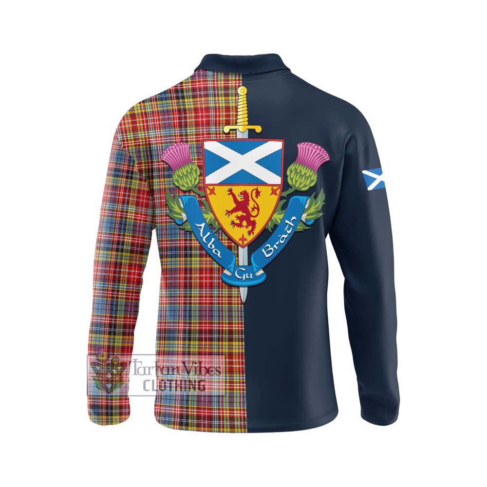 Tartan Vibes Clothing Drummond of Strathallan Modern Tartan Long Sleeve Polo Shirt with Scottish Lion Royal Arm Half Style