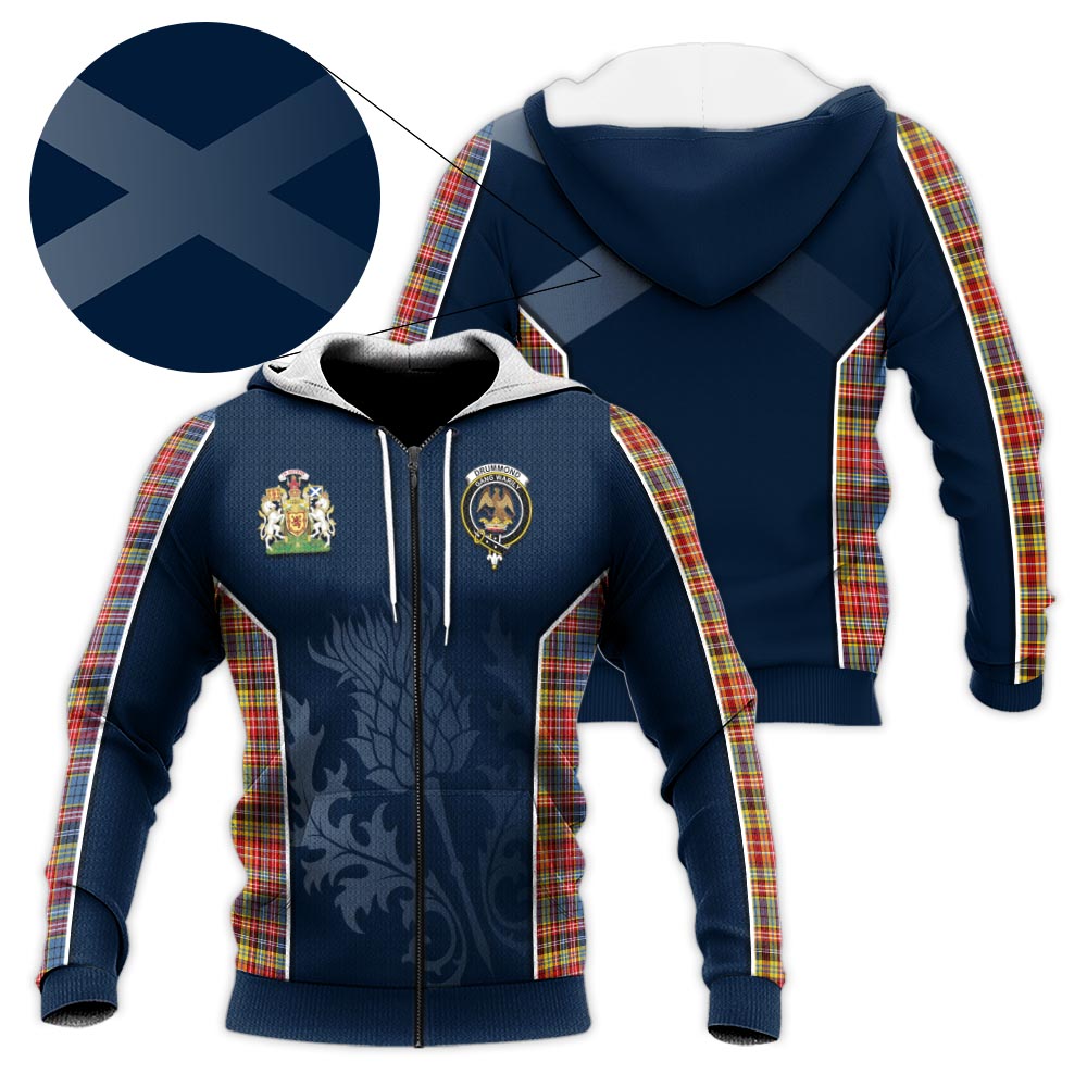 Tartan Vibes Clothing Drummond of Strathallan Modern Tartan Knitted Hoodie with Family Crest and Scottish Thistle Vibes Sport Style