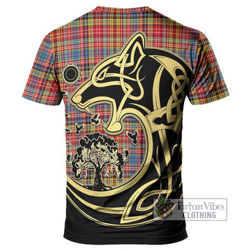 Drummond of Strathallan Modern Tartan T-Shirt with Family Crest Celtic Wolf Style