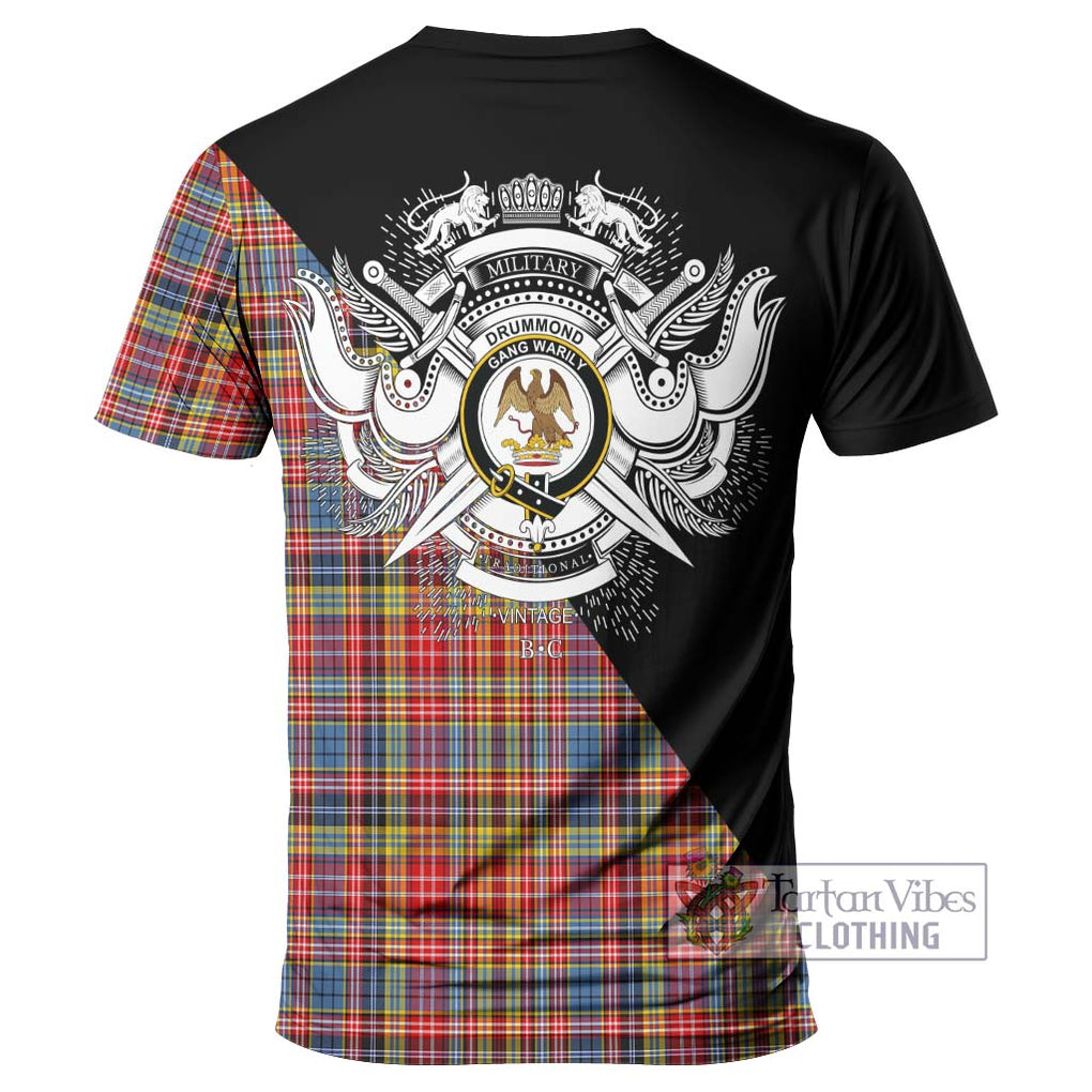 Drummond of Strathallan Modern Tartan T-Shirt with Family Crest and Military Logo Style - Tartanvibesclothing Shop