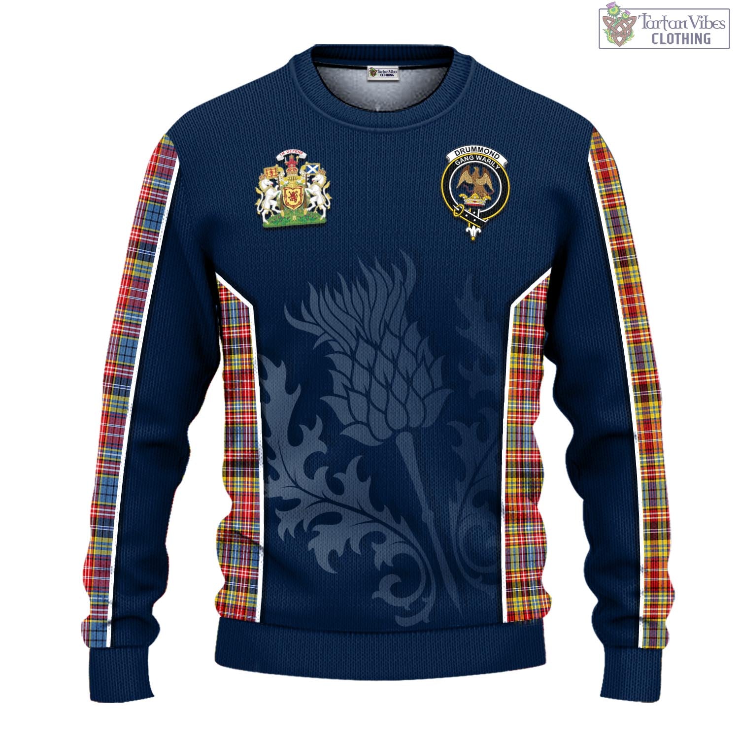 Tartan Vibes Clothing Drummond of Strathallan Modern Tartan Knitted Sweatshirt with Family Crest and Scottish Thistle Vibes Sport Style