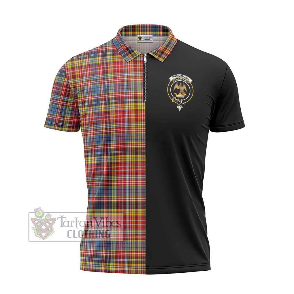 Drummond of Strathallan Modern Tartan Zipper Polo Shirt with Family Crest and Half Of Me Style - Tartanvibesclothing Shop