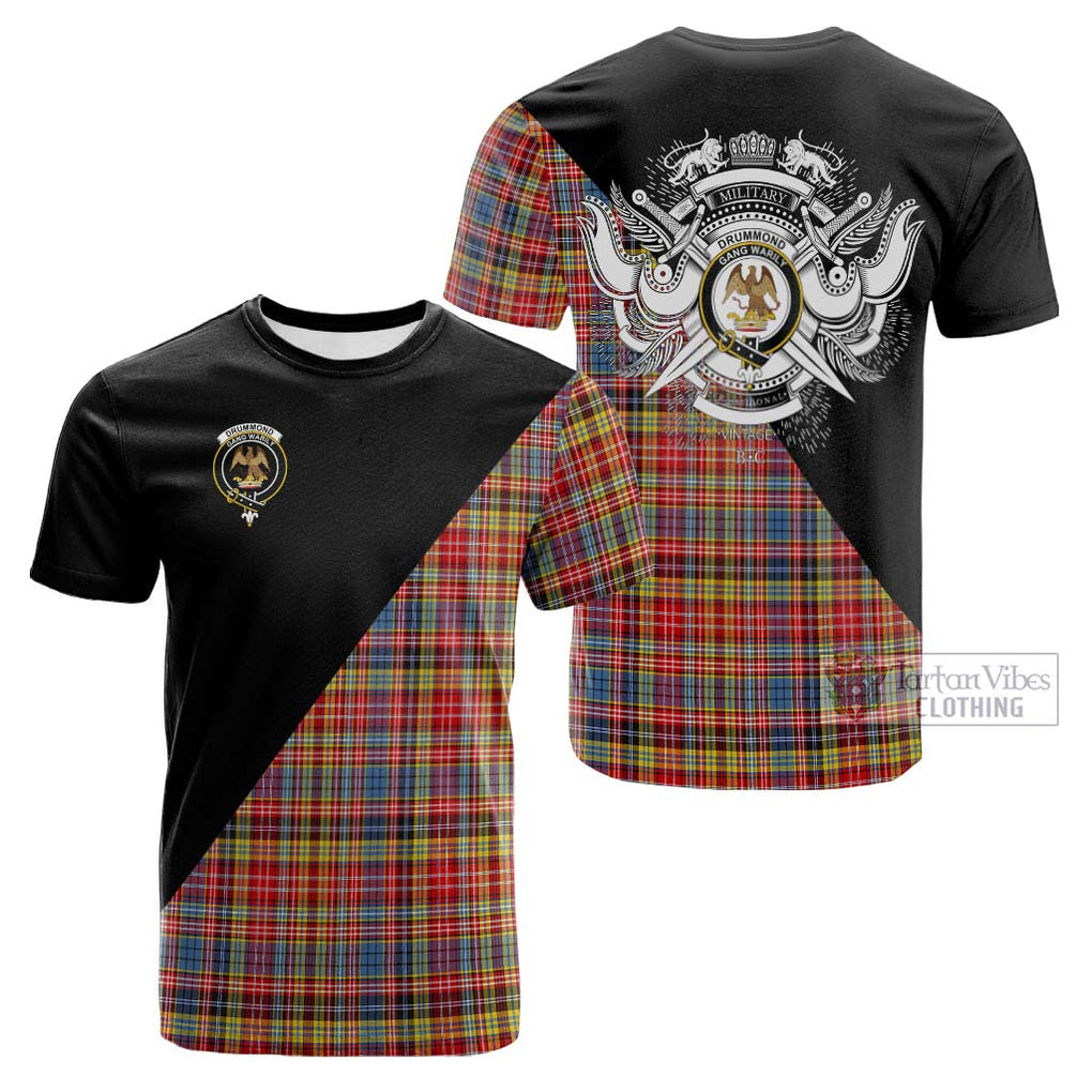 Tartan Vibes Clothing Drummond of Strathallan Modern Tartan Cotton T-shirt with Family Crest and Military Logo Style