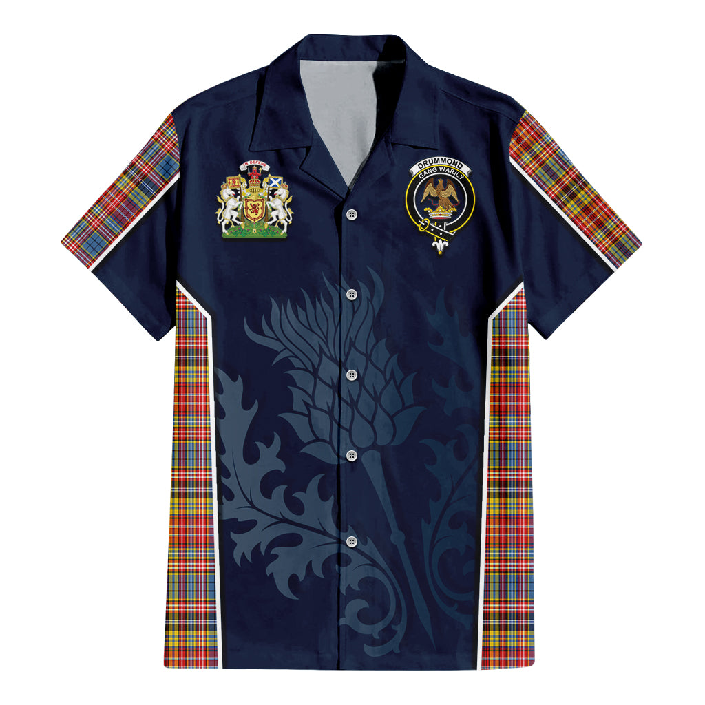 Tartan Vibes Clothing Drummond of Strathallan Modern Tartan Short Sleeve Button Up Shirt with Family Crest and Scottish Thistle Vibes Sport Style