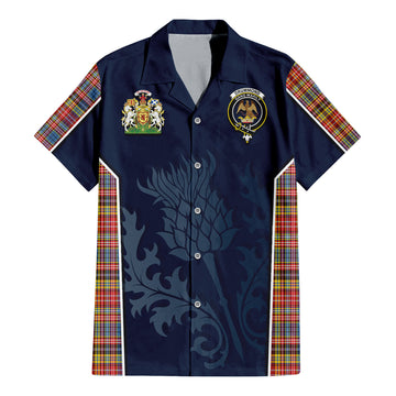 Drummond of Strathallan Modern Tartan Short Sleeve Button Up Shirt with Family Crest and Scottish Thistle Vibes Sport Style