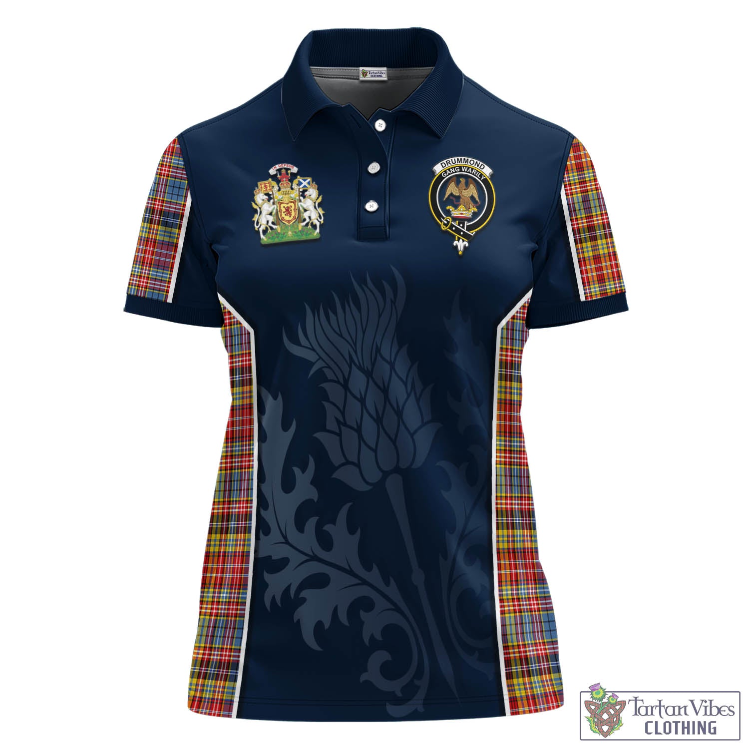 Tartan Vibes Clothing Drummond of Strathallan Modern Tartan Women's Polo Shirt with Family Crest and Scottish Thistle Vibes Sport Style