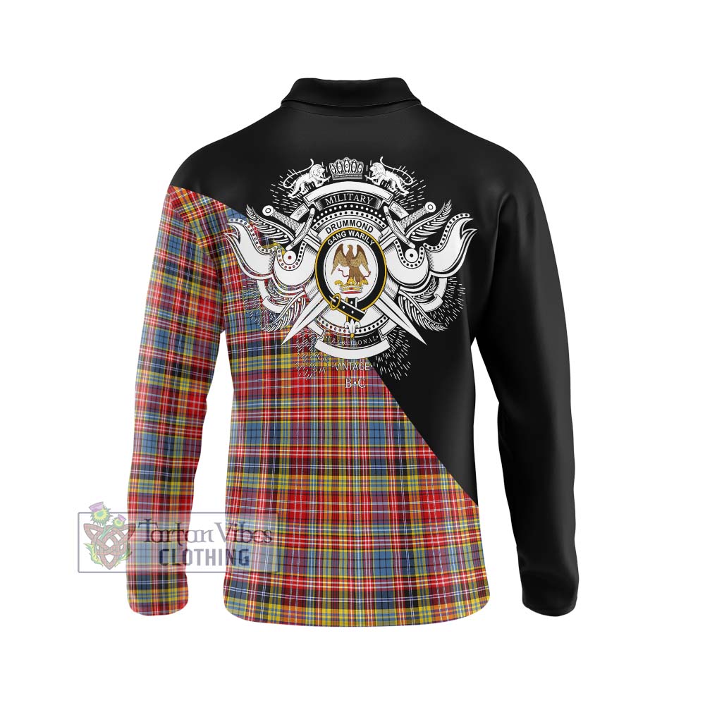 Drummond of Strathallan Modern Tartan Long Sleeve Polo Shirt with Family Crest and Military Logo Style - Tartanvibesclothing Shop