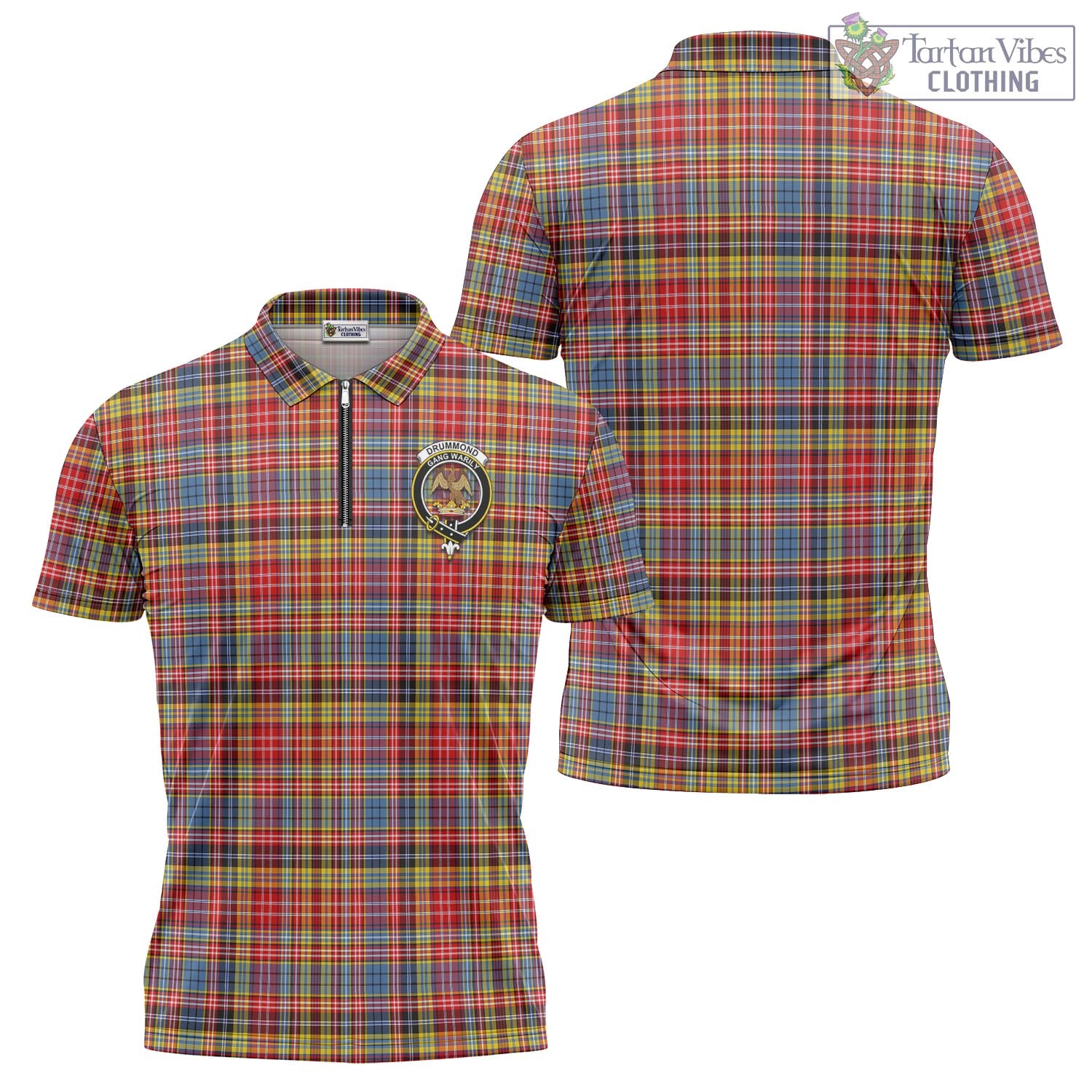 Tartan Vibes Clothing Drummond of Strathallan Modern Tartan Zipper Polo Shirt with Family Crest