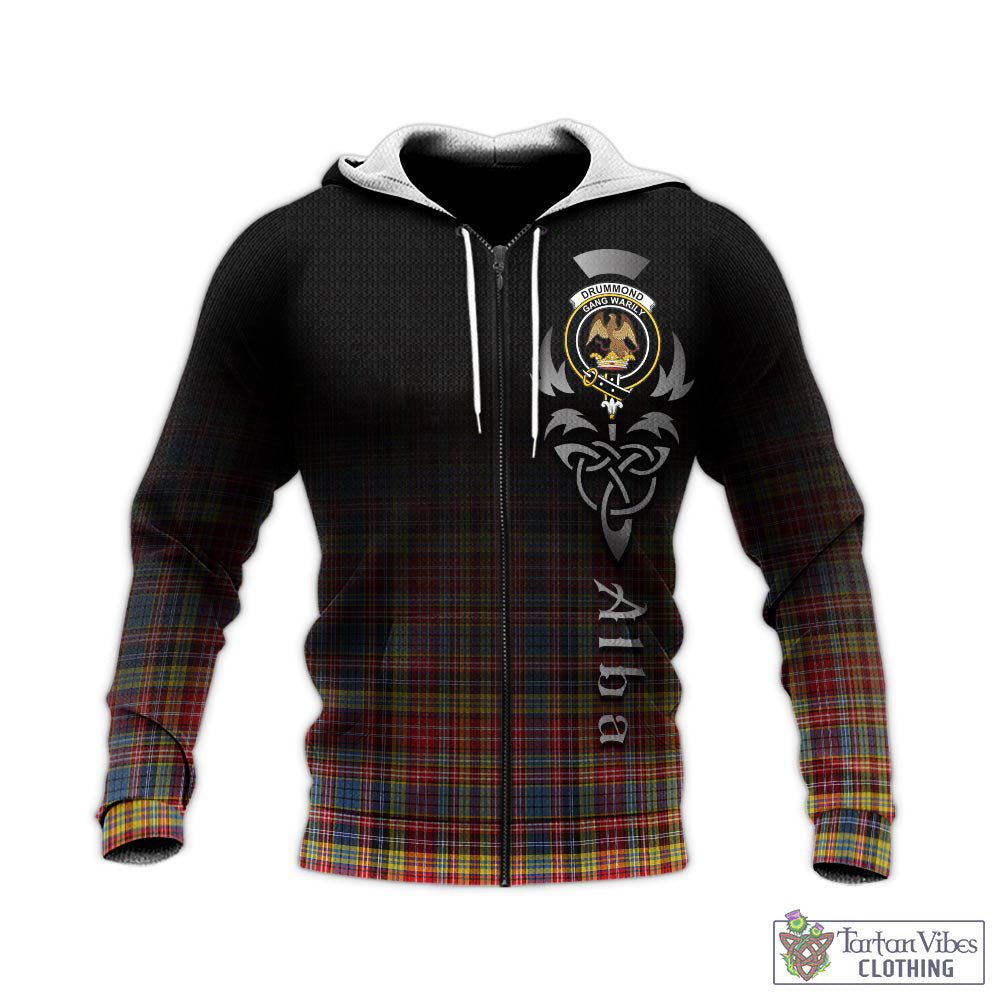 Tartan Vibes Clothing Drummond of Strathallan Modern Tartan Knitted Hoodie Featuring Alba Gu Brath Family Crest Celtic Inspired