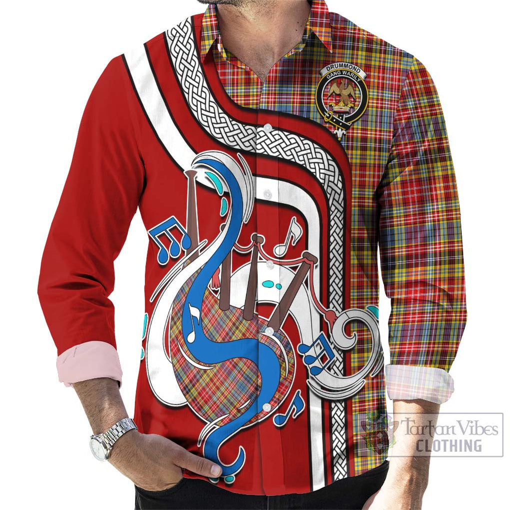 Drummond of Strathallan Modern Tartan Long Sleeve Button Shirt with Epic Bagpipe Style - Tartanvibesclothing Shop