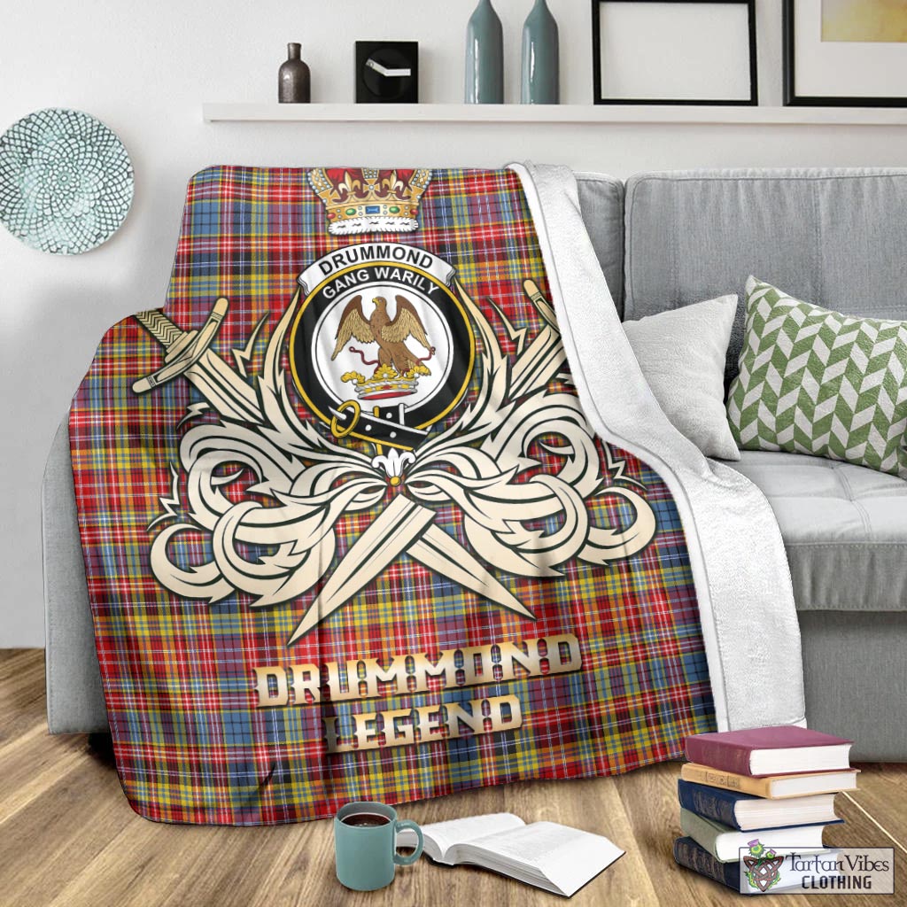 Tartan Vibes Clothing Drummond of Strathallan Modern Tartan Blanket with Clan Crest and the Golden Sword of Courageous Legacy