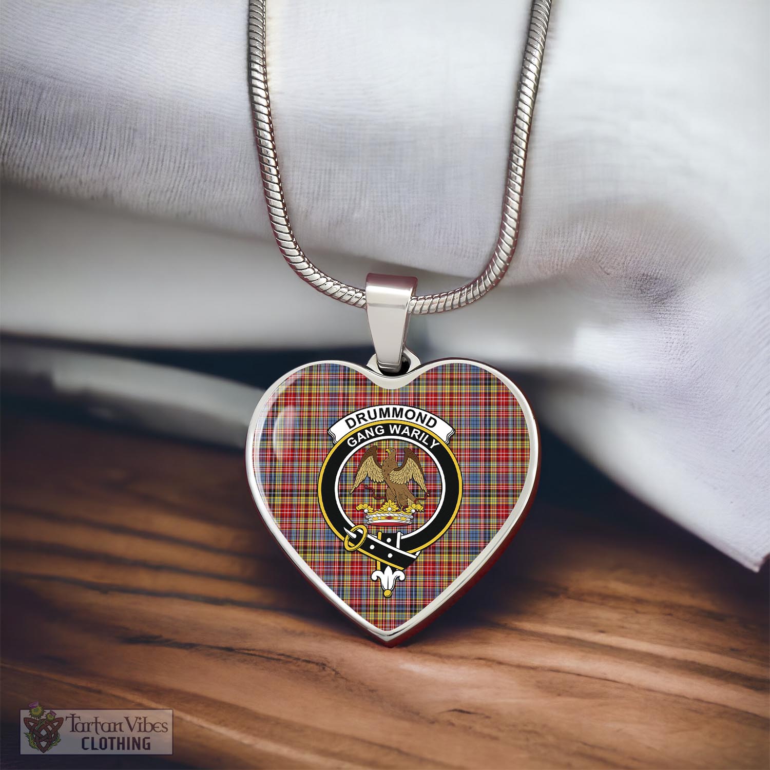 Tartan Vibes Clothing Drummond of Strathallan Modern Tartan Heart Necklace with Family Crest