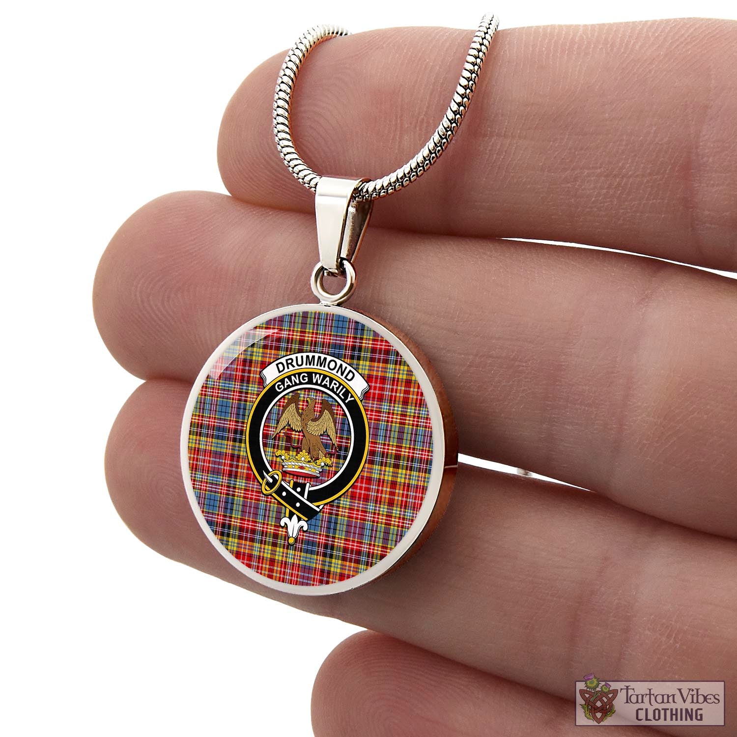 Tartan Vibes Clothing Drummond of Strathallan Modern Tartan Circle Necklace with Family Crest