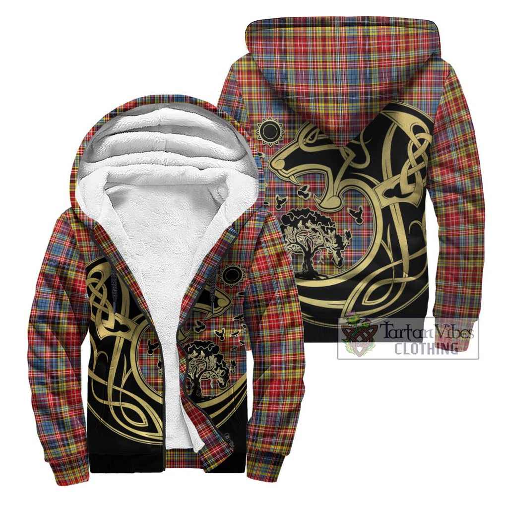 Drummond of Strathallan Modern Tartan Sherpa Hoodie with Family Crest Celtic Wolf Style Unisex - Tartan Vibes Clothing