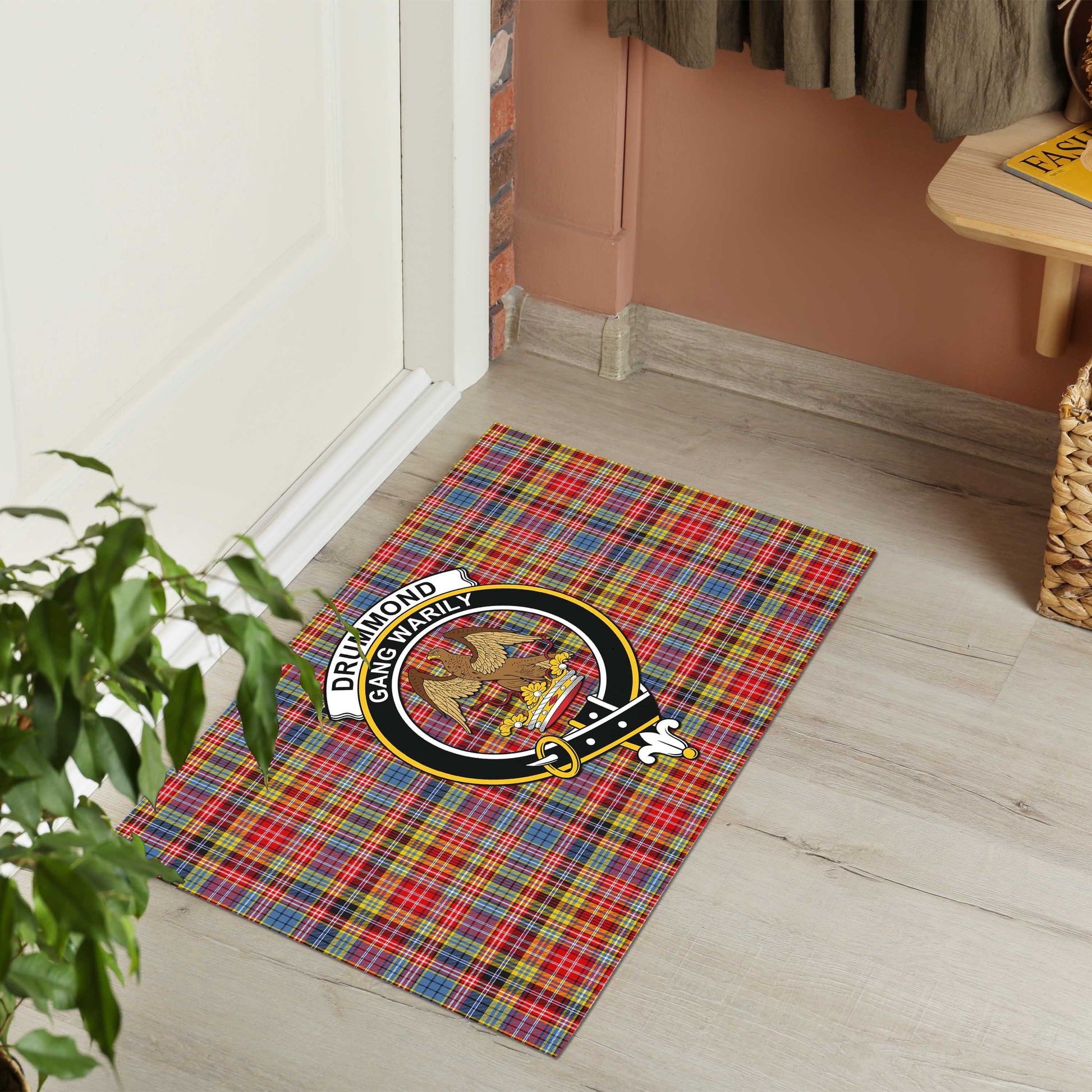 Drummond of Strathallan Modern Tartan Door Mat with Family Crest - Tartanvibesclothing