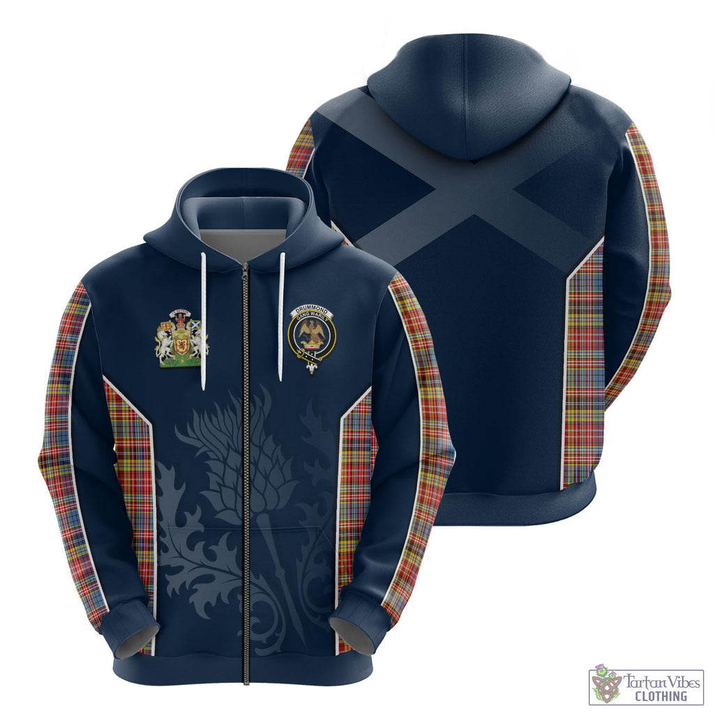 Tartan Vibes Clothing Drummond of Strathallan Modern Tartan Hoodie with Family Crest and Scottish Thistle Vibes Sport Style