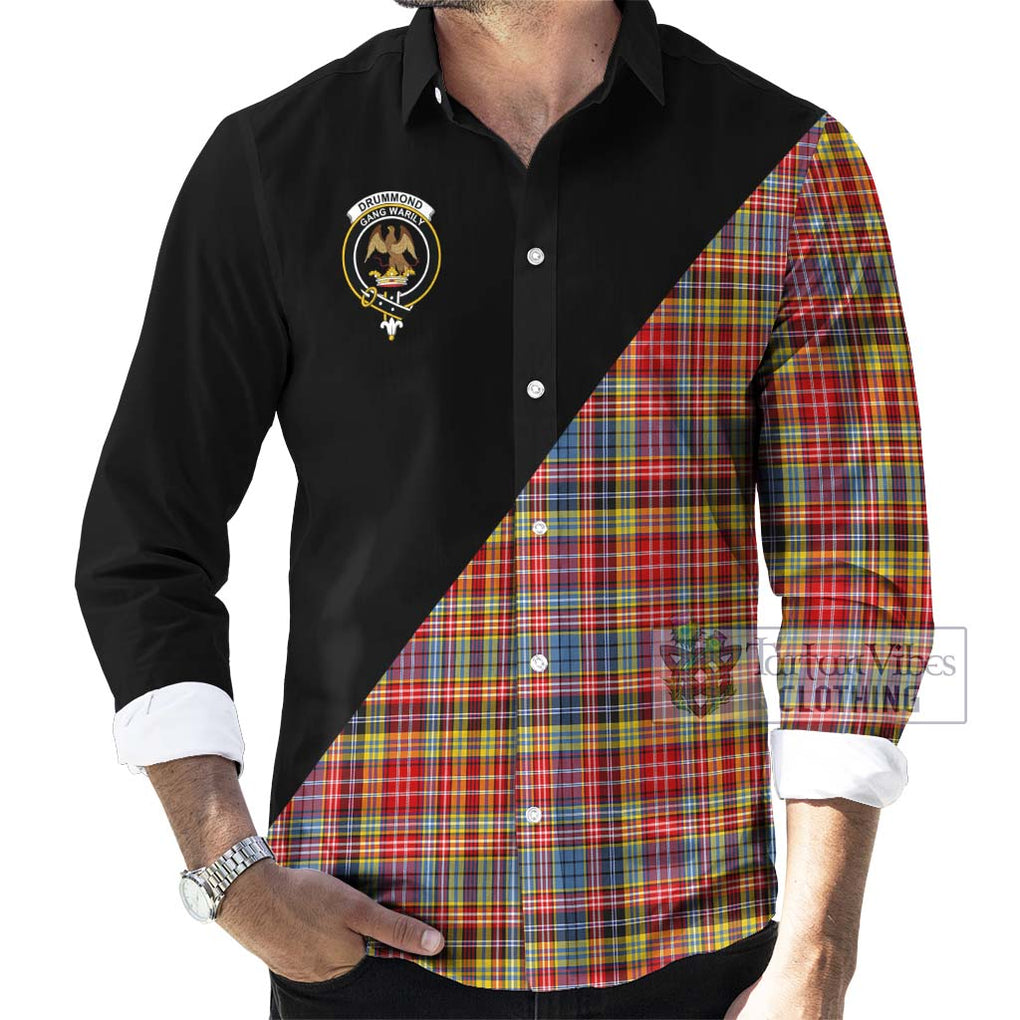 Drummond of Strathallan Modern Tartan Long Sleeve Button Shirt with Family Crest and Military Logo Style - Tartanvibesclothing Shop