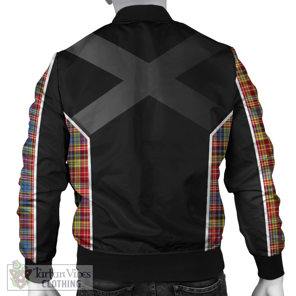 Tartan Vibes Clothing Drummond of Strathallan Modern Tartan Bomber Jacket with Family Crest and Scottish Thistle Vibes Sport Style