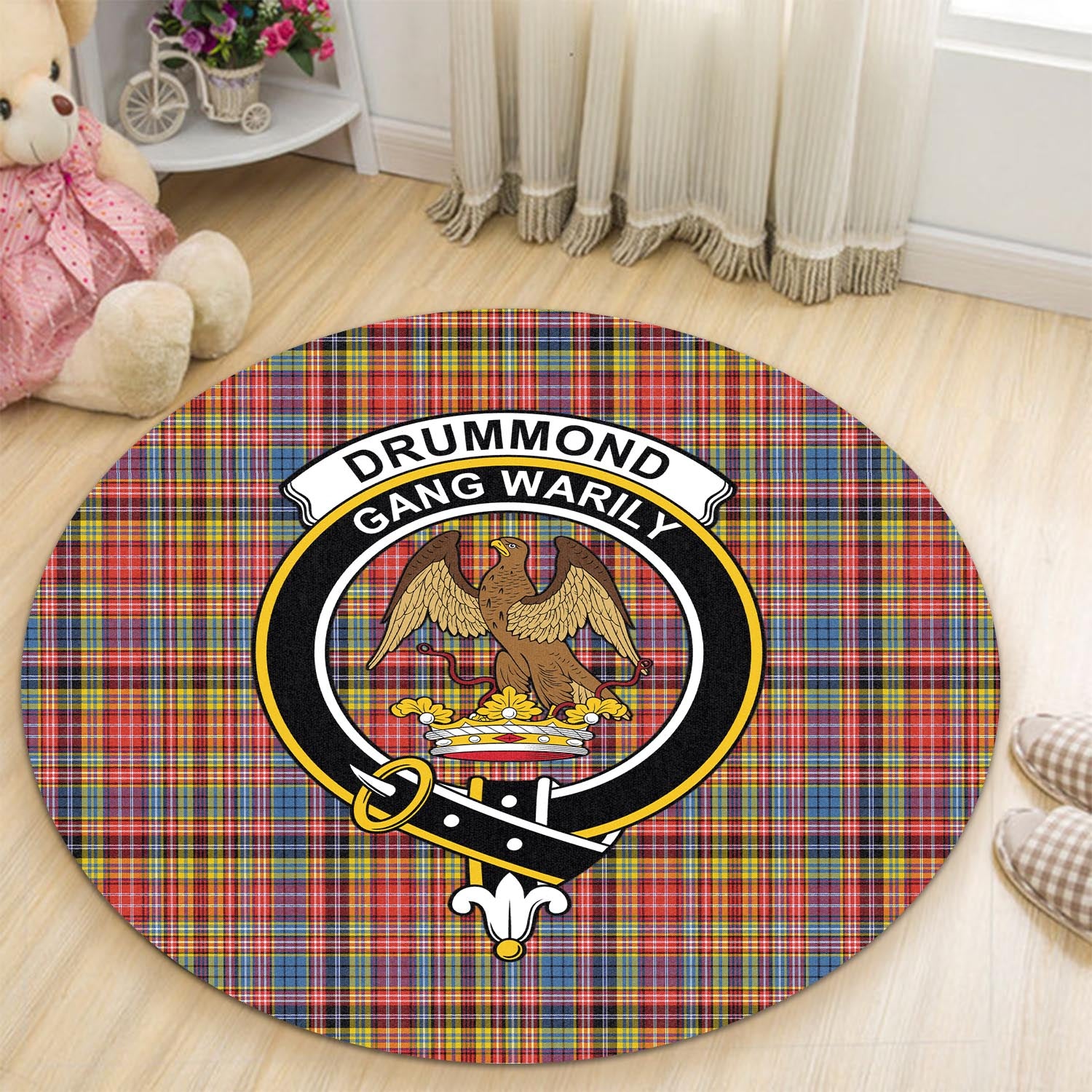 Drummond of Strathallan Modern Tartan Round Rug with Family Crest - Tartanvibesclothing