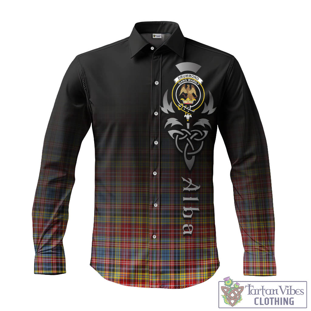 Tartan Vibes Clothing Drummond of Strathallan Modern Tartan Long Sleeve Button Up Featuring Alba Gu Brath Family Crest Celtic Inspired