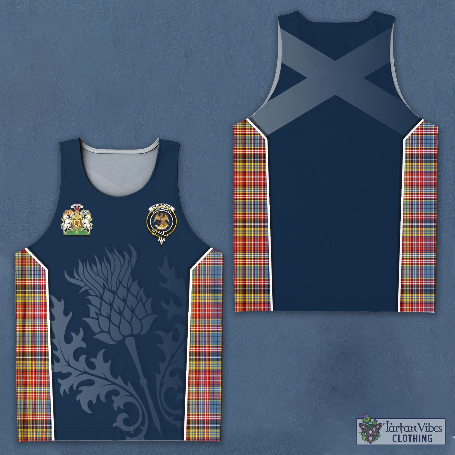 Tartan Vibes Clothing Drummond of Strathallan Modern Tartan Men's Tanks Top with Family Crest and Scottish Thistle Vibes Sport Style