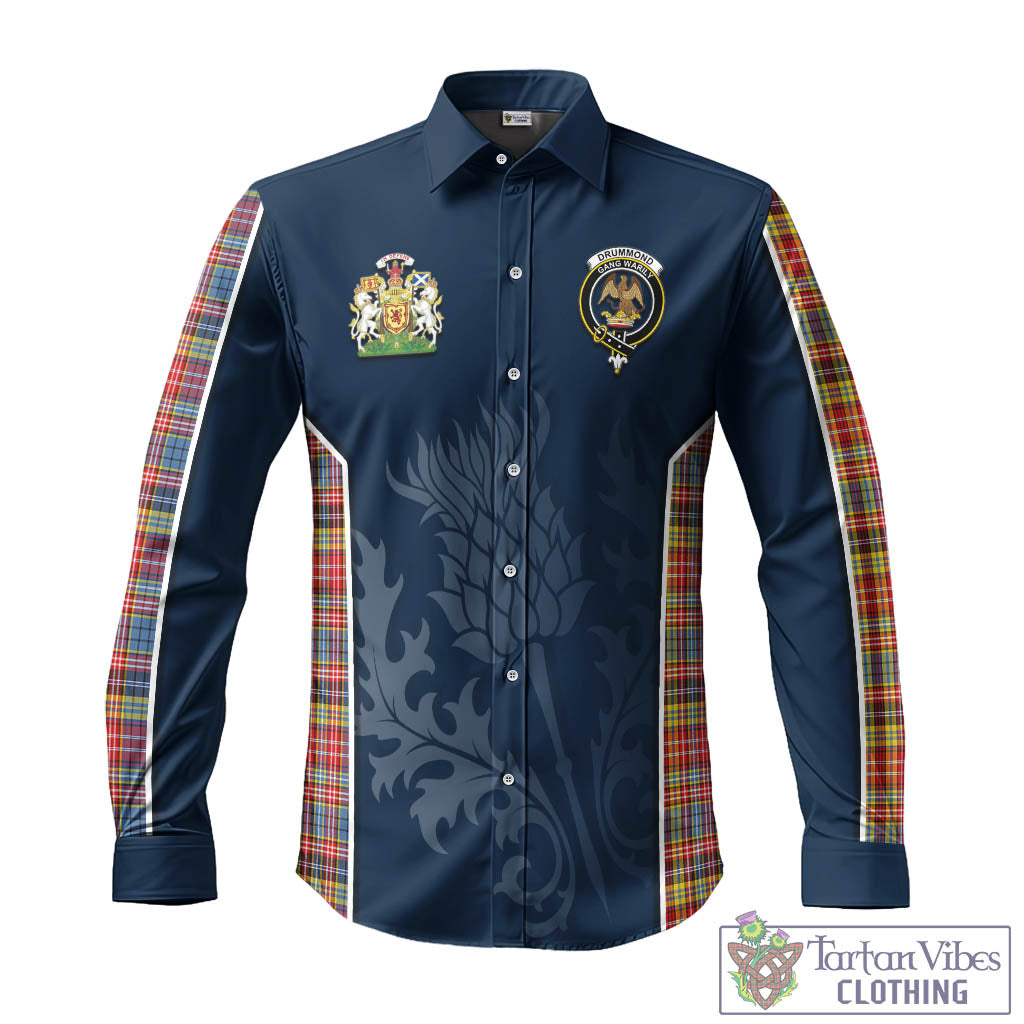 Tartan Vibes Clothing Drummond of Strathallan Modern Tartan Long Sleeve Button Up Shirt with Family Crest and Scottish Thistle Vibes Sport Style