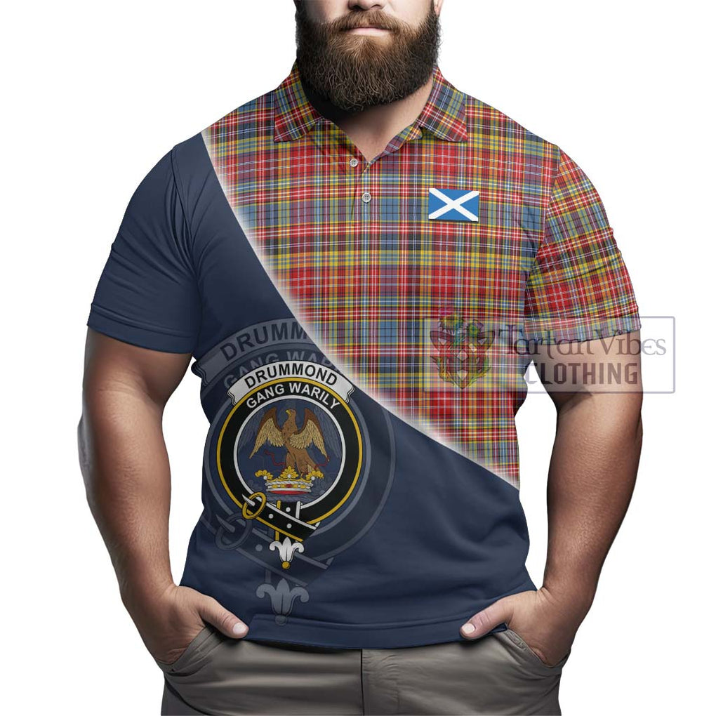 Drummond of Strathallan Modern Tartan Polo Shirt with Personalised National Flag and Family Crest Half Style - Tartanvibesclothing Shop