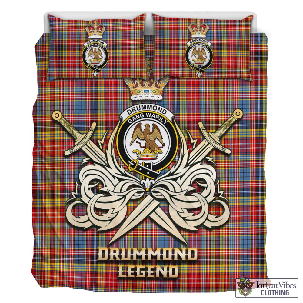 Tartan Vibes Clothing Drummond of Strathallan Modern Tartan Bedding Set with Clan Crest and the Golden Sword of Courageous Legacy