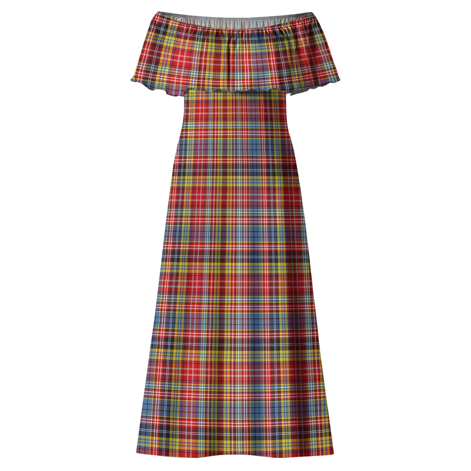 Drummond of Strathallan Modern Tartan Off Shoulder Long Dress - Tartanvibesclothing