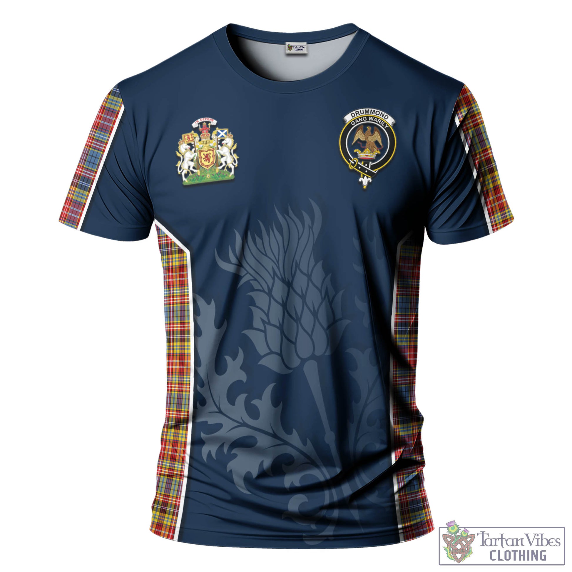 Tartan Vibes Clothing Drummond of Strathallan Modern Tartan T-Shirt with Family Crest and Scottish Thistle Vibes Sport Style