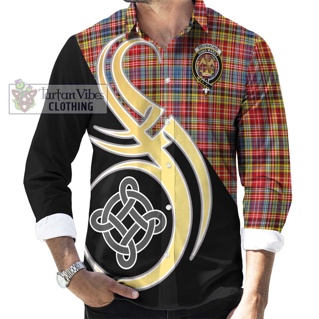 Drummond of Strathallan Modern Tartan Long Sleeve Button Shirt with Family Crest and Celtic Symbol Style - Tartan Vibes Clothing