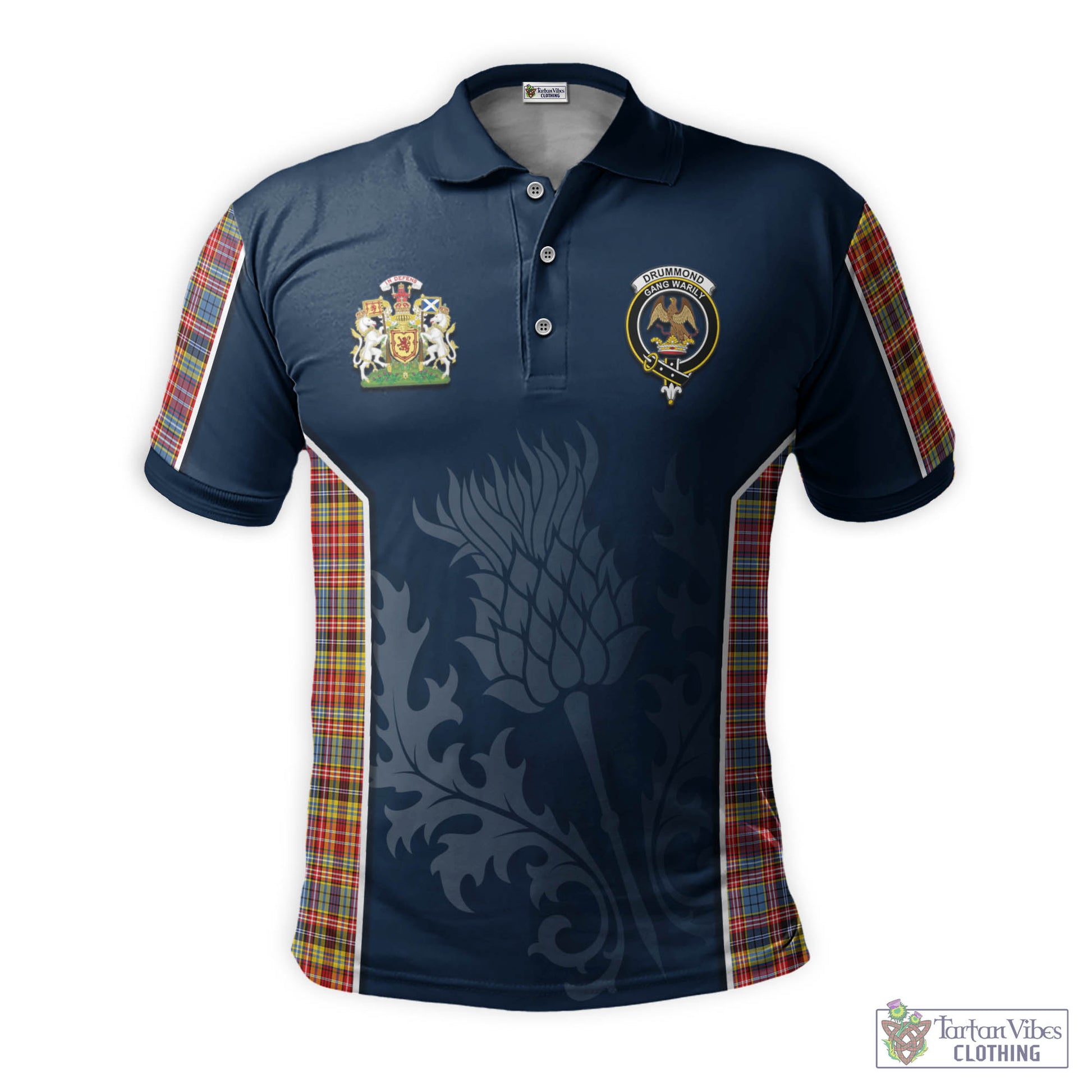 Tartan Vibes Clothing Drummond of Strathallan Modern Tartan Men's Polo Shirt with Family Crest and Scottish Thistle Vibes Sport Style