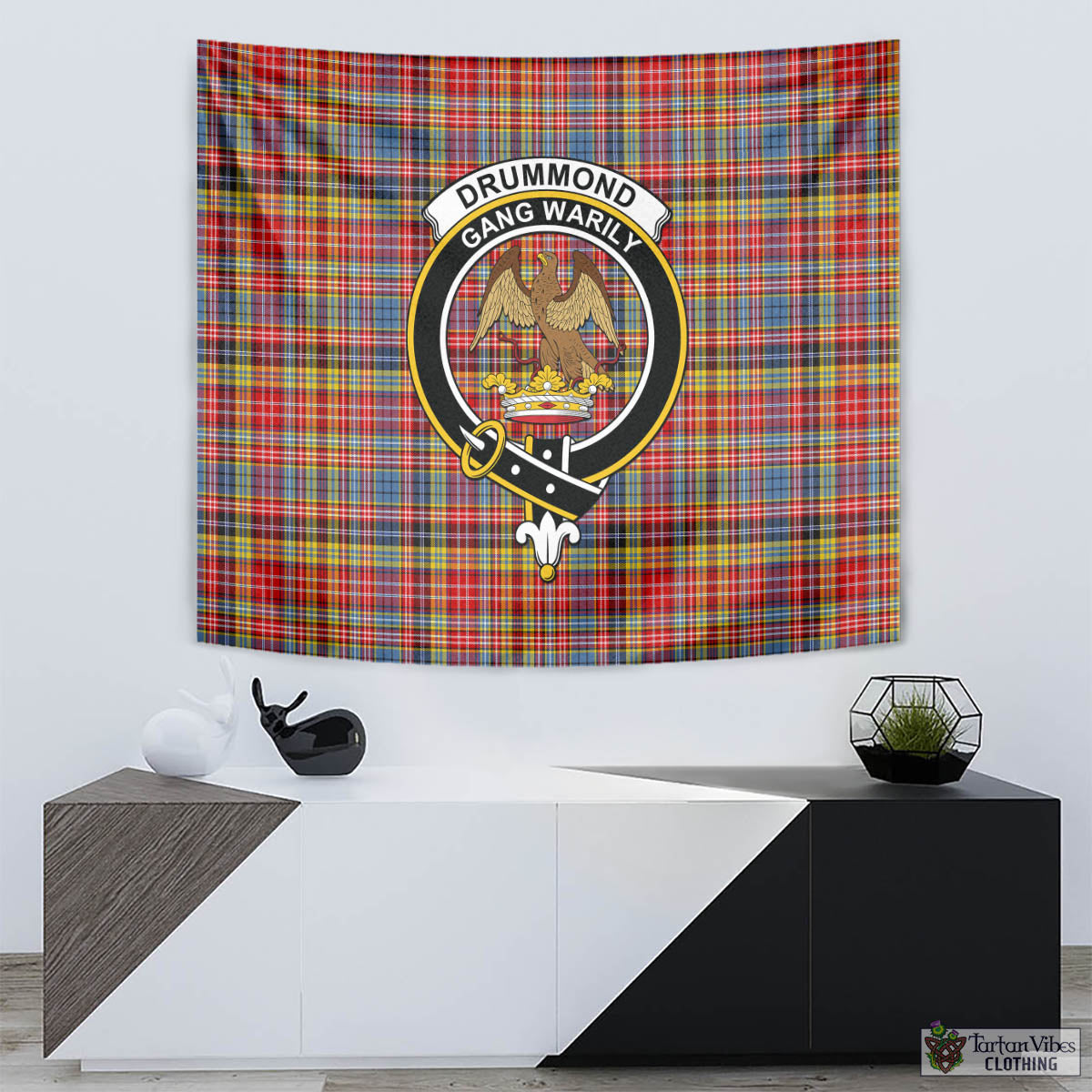 Tartan Vibes Clothing Drummond of Strathallan Modern Tartan Tapestry Wall Hanging and Home Decor for Room with Family Crest