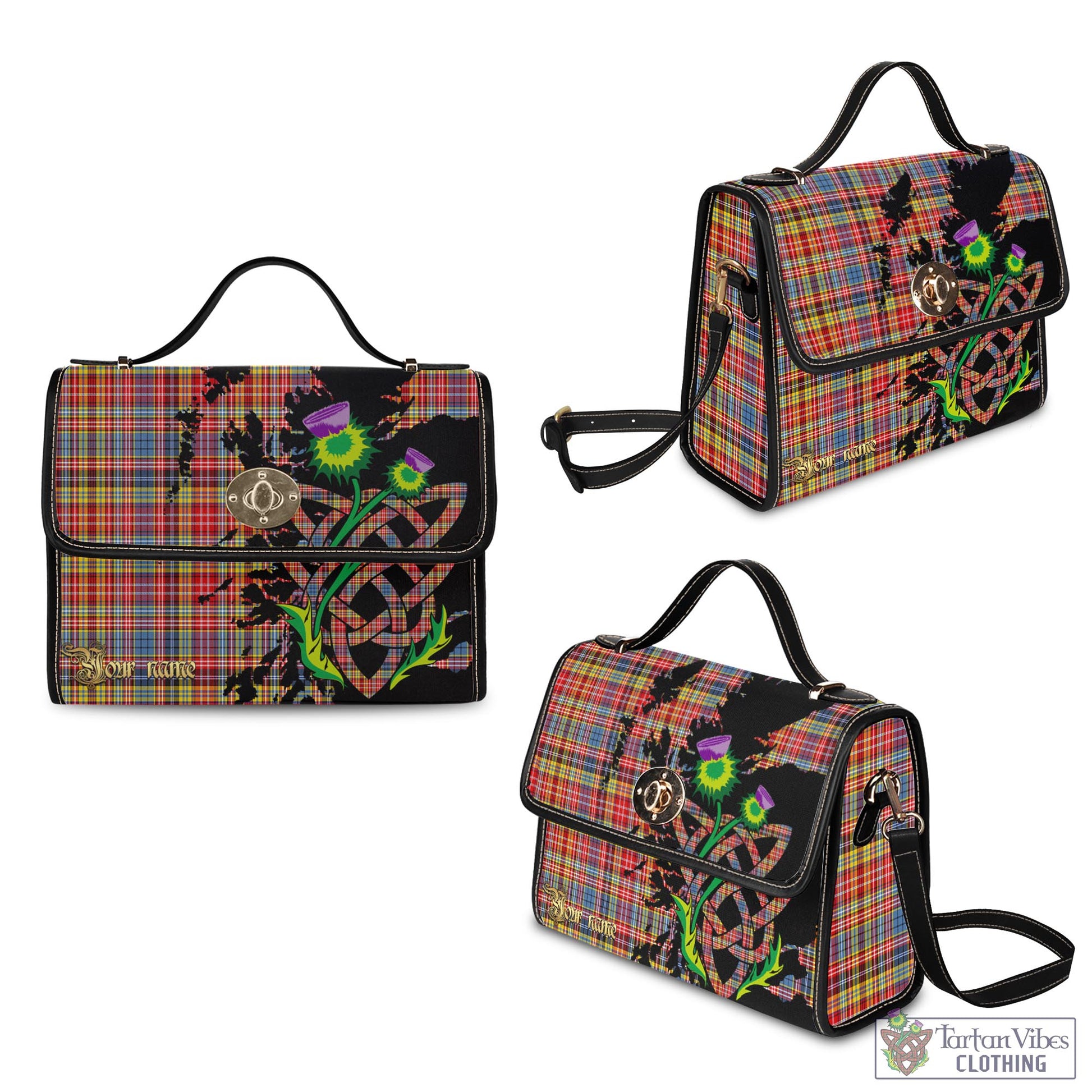 Tartan Vibes Clothing Drummond of Strathallan Modern Tartan Waterproof Canvas Bag with Scotland Map and Thistle Celtic Accents