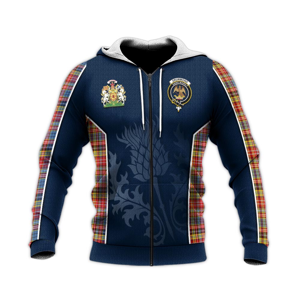 Tartan Vibes Clothing Drummond of Strathallan Modern Tartan Knitted Hoodie with Family Crest and Scottish Thistle Vibes Sport Style