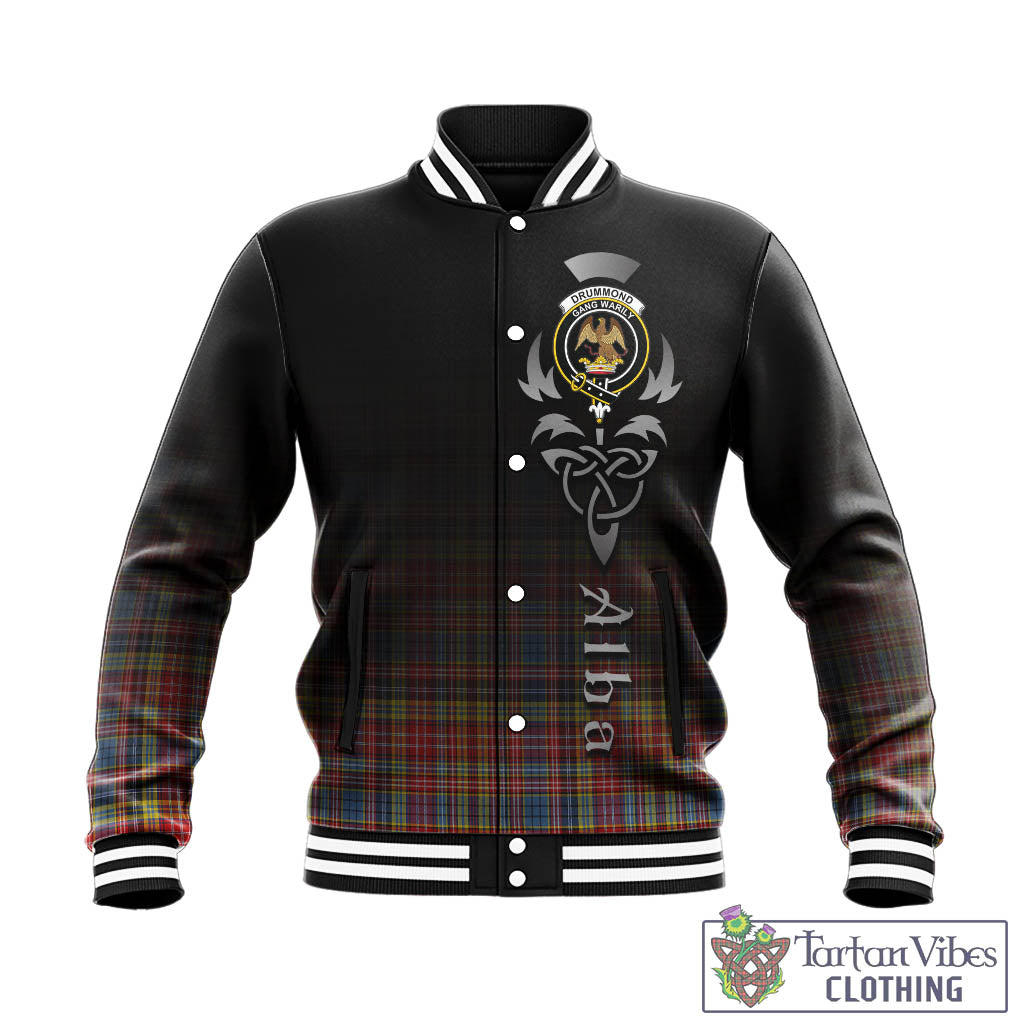 Tartan Vibes Clothing Drummond of Strathallan Modern Tartan Baseball Jacket Featuring Alba Gu Brath Family Crest Celtic Inspired