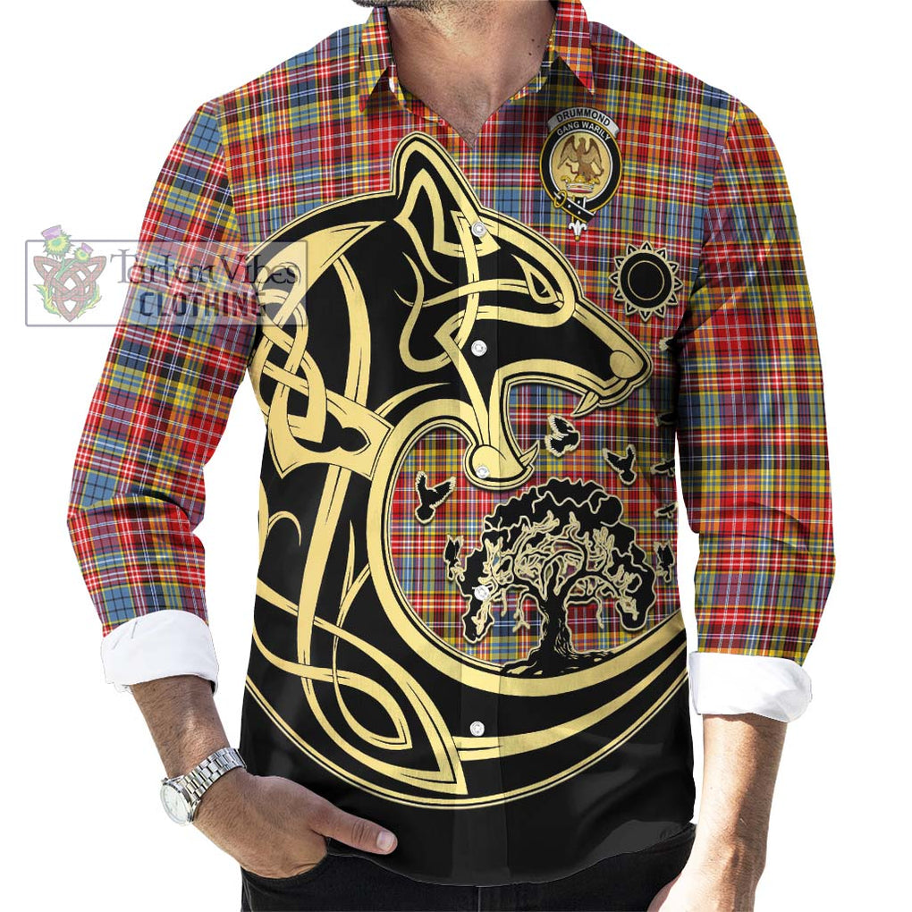 Drummond of Strathallan Modern Tartan Long Sleeve Button Shirt with Family Crest Celtic Wolf Style - Tartan Vibes Clothing