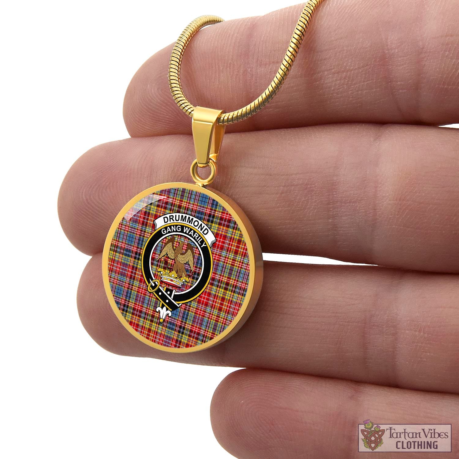 Tartan Vibes Clothing Drummond of Strathallan Modern Tartan Circle Necklace with Family Crest